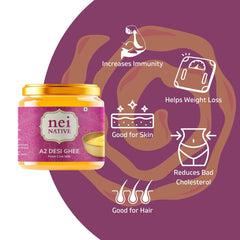 Pure Premium A2 Desi Ghee By Nei Native | Pure Bilona Method Homemade Cow Desi Ghee Good For Skin & Hair | (250ml) 8.4 Ounce | Jar Pack