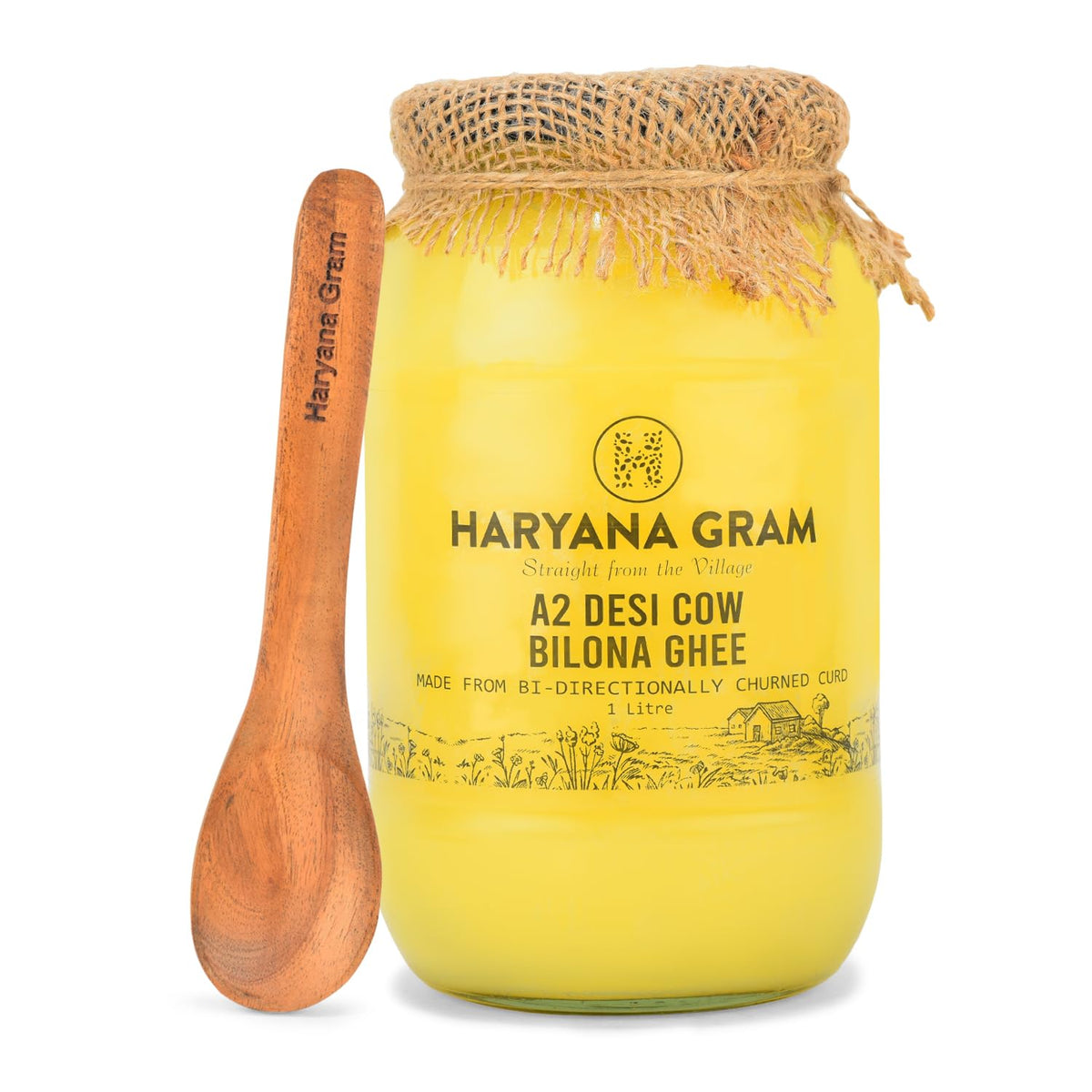 Organic A2 Desi Cow Bilona Ghee With Neem Wood Spoon By Haryana Gram | Rich In Vitamin A, D & Minerals Healthy Desi Ghee Good For Skin Health | (1 Litr) 33.8 Ounce | Jar Pack
