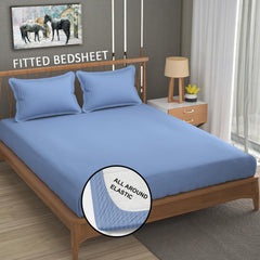 Cotton Elastic Fitted King Size Double Bed Bedsheet With 2 Pillow Covers - 72x78x6 Inches, Sky Blue | Durable Bedsheets For Everyday Comfort