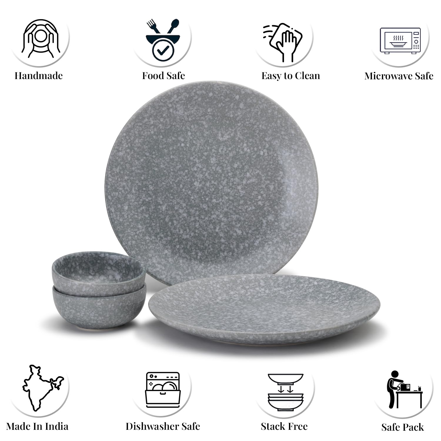 Handcrafted Premium Ceramic Dinner Set - Pack Of 4, Silver Grey | 2 Dinner Plates + 2 Small Dinner Bowl, 160ml Each - Scratch Resistant, Microwave & Dishwasher Safe Handcrafted Premium Ceramic Dinner Set - Pack Of 4, Silver Grey | 2 Dinner Plates + 2 Small Dinner Bowl, 160ml Each - Scratch Resistant, Microwave & Dishwasher Safe