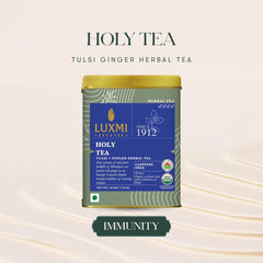 Luxmi Estates Holy Tea Powder - 50gm Tin, 1.7 Ounce | USDA Certified Organic Tulsi + Ginger Herbal Tea - Caffeine Free Herbal Tea | Immune Support, Relief & Uplift Mood