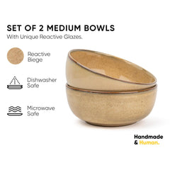 Ceramic Medium Bowl Set Of 2 Pieces - 18cm, Beige Reactive, 1000ml Each | Glossy Finish Stoneware Ceramic Serving Bowls | Ceramic Bowl - Pasta Serving Bowl | Microwave Safe