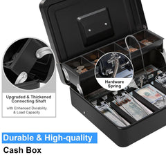Cash Box With Lock & 2 Keys, Metal Money Box With Cash Tray, Portable Lock Safe Box, 4 Bill, 5 Coin Slots, Large Cash Boxes With Money Tray For Small Business 11.8 X 9.5 X 3.5 Inch, Colour - Black