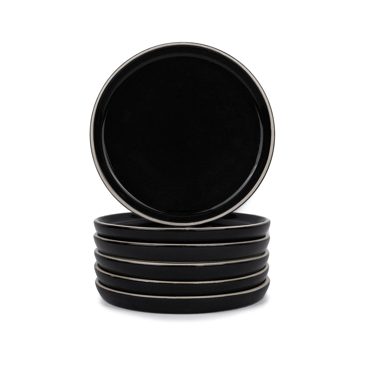 Ceramic Quarter Plates Set Of 6, Black With White Rim | Ceramic Snack Plates - Snacks Plates Set | Dessert Plates, Snack Plate - Small Plates With Glossy Finish | Microwave Safe & Chip Resistant