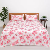 King Bed Bedsheet With Pillow Cover Ultra Soft & Durable - 102x108 Inches, White | Microfiber Printed Pink Floral Bedsheet For Double Bed