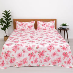 Double Bed Floral Printed Microfiber Bedsheet Set Includes 2 Pillow Covers - Size 102 X 108 Inches, White & Pink | 186 Thread Count - Ideal For Home Daily Use & Gifting