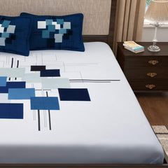 Bedsheet For King Size Bed With 2 Pillow Covers - 106 X 106 Inches, White & Blue | Soft & Durable For Everyday Use - All Season Comfort
