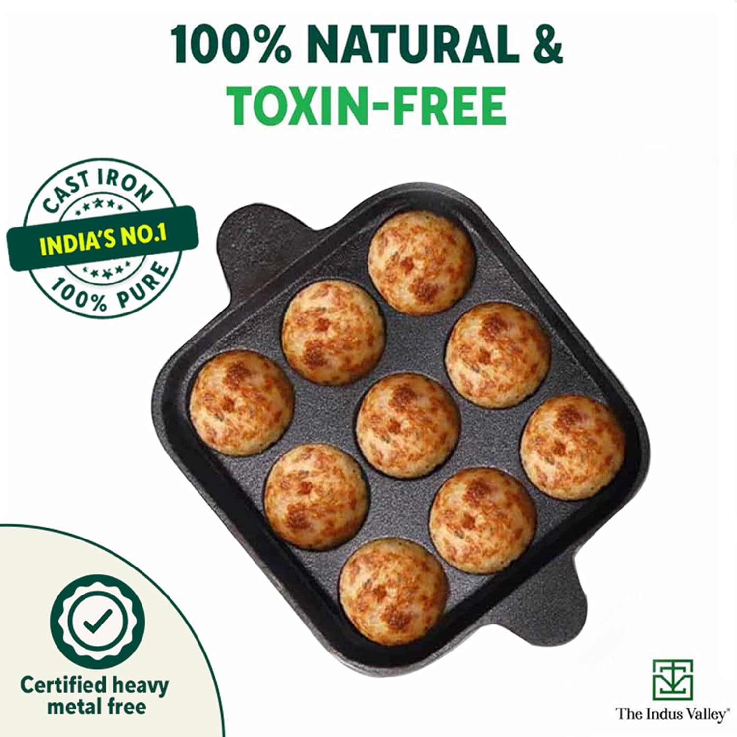 Pre-Seasoned Black Cast Iron Square Paniyaram Pan With Spatula - Small, 9 Pit, 9.4 Inch, 2.8 Kg | Induction Friendly - Nonstick Appe Or Paddu Pan,100% Pure & Toxin-Free, No Chemical Coating Pre-Seasoned Black Cast Iron Square Paniyaram Pan With Spatula - Small, 9 Pit, 9.4 Inch, 2.8 Kg | Induction Friendly - Nonstick Appe Or Paddu Pan,100% Pure & Toxin-Free, No Chemical Coating