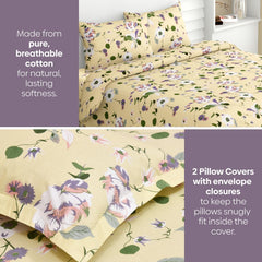King Size Pure Cotton Floral Sheet With 2 Pillow Covers | 108 X 108 Inches, Yellow & Green | Perfect For Gifting On Weddings, Housewarmings, Or Anniversaries