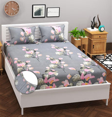 100% Cotton Double Bedsheets For Queen Size With 2 Pillow Covers - 60 X72+8 Inches, Grey & Pink | All Around Elastic 220 TC Super Soft Breathable & Wrinkle Free
