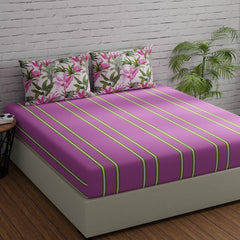 Bedsheets For King Size Bed With 2 Pillow Covers - 108 X 108 Inches | Stripes & Flamingos Pink & Green | Perfect For Home Decor & Gifts | 144 Thread Count