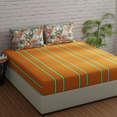 144 TC Double Bedsheet For Queen Size With 2 Pillow Covers - 88 X 96 Inches, Orange & Green | Printed Stripes & Flamingos | Perfect Gift For Anniversary, Wedding