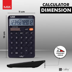 Saya 12-digit Desktop Calculator | Dual Power: Solar & Battery | Ergonomic Comfort Design | Large Display | Ideal For Office & School Use | 3-year Warranty | Reliable & Durable - Black.