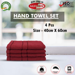 Sassoon Melrose 100% Cotton Hand Towel 800 Gsm | Highly Absorbent, Soft Material Perfect For Daily Use (Burgundy) -4 Piece