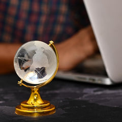 Feng Shui Crystal Globe With Golden Stand, Diwali Gift For Positive Energy & Focus | Vastu Globe Showpiece For Home, Office Desk, Study Table & Work Decor, Spiritual Decoration, Pack Of 1