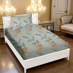 Printed Bedsheet For Single Bed With 1 Pillow Cover - 60 X 90 Inches, Grey & Green | Super Soft - Glace Cotton Breathable & Wrinkle Free - 2 Pcs Set