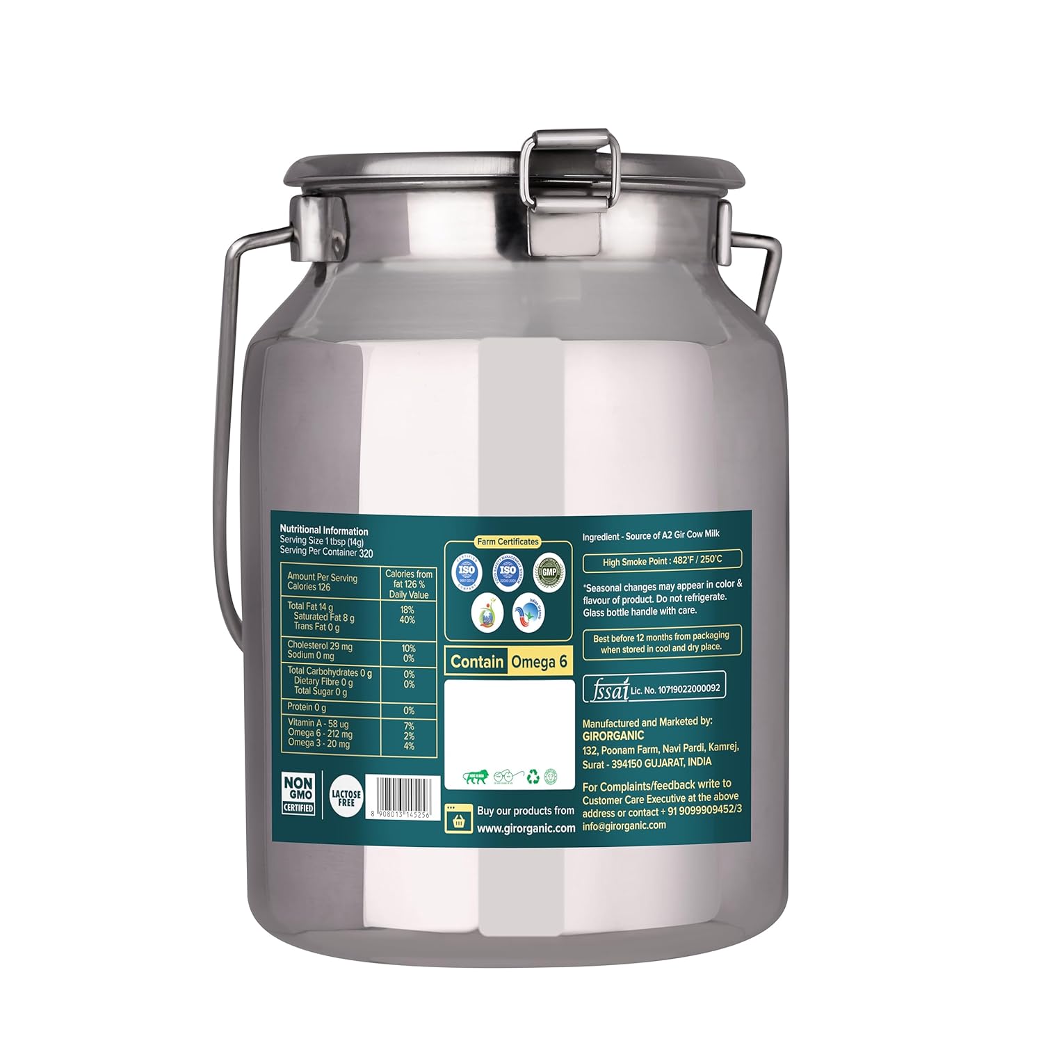 100% Pure A2 Gir Cow Ghee By Girorganic | Rich In Nutrients Healthy & Protein Fiber Pure Desi Ghee Perfect For Overall Health | (5 Litre) 169.0 Ounce | Steel Jar 100% Pure A2 Gir Cow Ghee By Girorganic | Rich In Nutrients Healthy & Protein Fiber Pure Desi Ghee Perfect For Overall Health | (5 Litre) 169.0 Ounce | Steel Jar