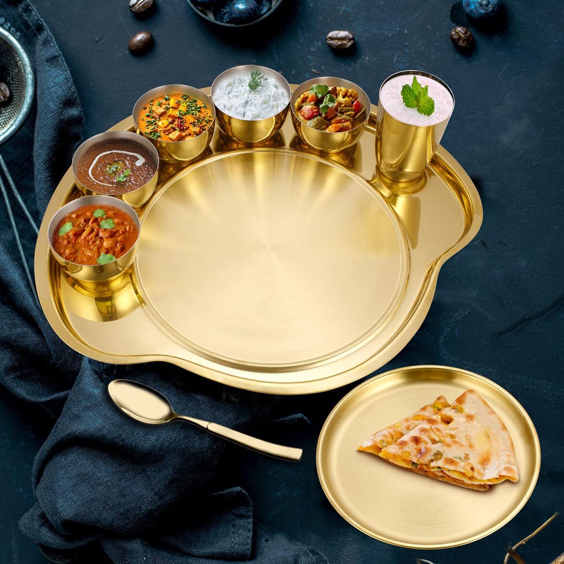 Nifty High Grade Stainless Steel Thali Set With PVD Coating, Gold | 5 Katoris+ 1 Glass+ 1 Quarter Plate+ 1 Full Plate+ 1 Dessert Spoon Nifty High Grade Stainless Steel Thali Set With PVD Coating, Gold | 5 Katoris+ 1 Glass+ 1 Quarter Plate+ 1 Full Plate+ 1 Dessert Spoon
