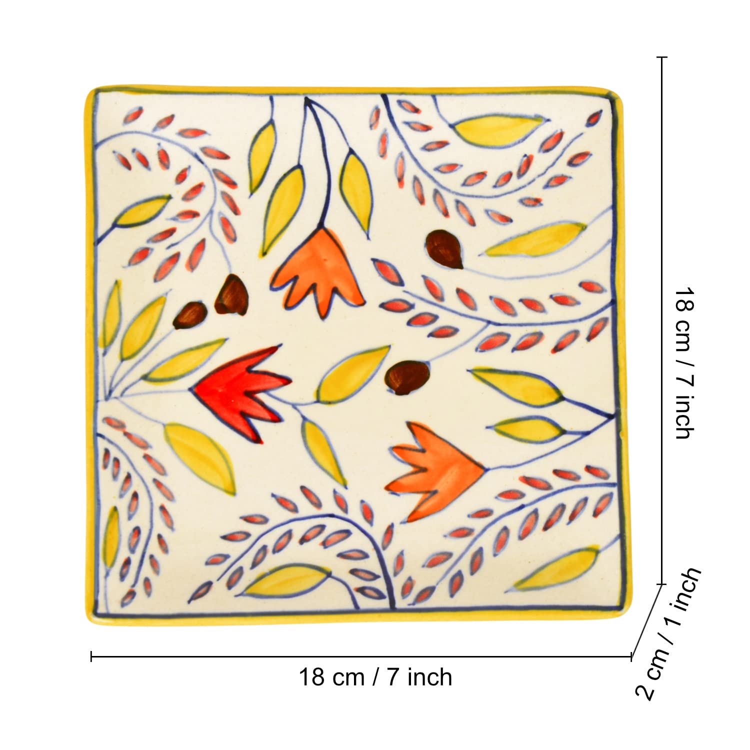 Premium Hand Painted In Traditional Design Ceramic Square Platter - Multicolor, L X B – 18 Cm X 18 Cm | Starter Serving Tray Premium Hand Painted In Traditional Design Ceramic Square Platter - Multicolor, L X B – 18 Cm X 18 Cm | Starter Serving Tray