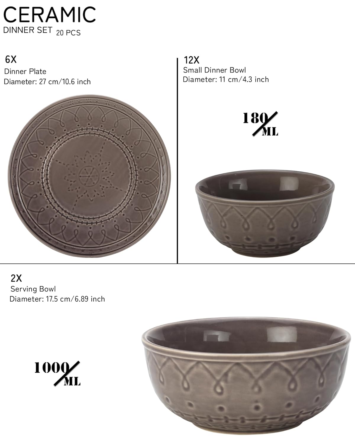 Handcrafted Stoneware Embossed Ceramic Dinner Set Of 20 Pcs With Serving Bowls Set - Ash Grey | 6 Dinner Plates+ 12 Small Dinner Bowls, 180ml Each+ 2 Serving Bowl, 1000ml Each | Serving For 6 Handcrafted Stoneware Embossed Ceramic Dinner Set Of 20 Pcs With Serving Bowls Set - Ash Grey | 6 Dinner Plates+ 12 Small Dinner Bowls, 180ml Each+ 2 Serving Bowl, 1000ml Each | Serving For 6