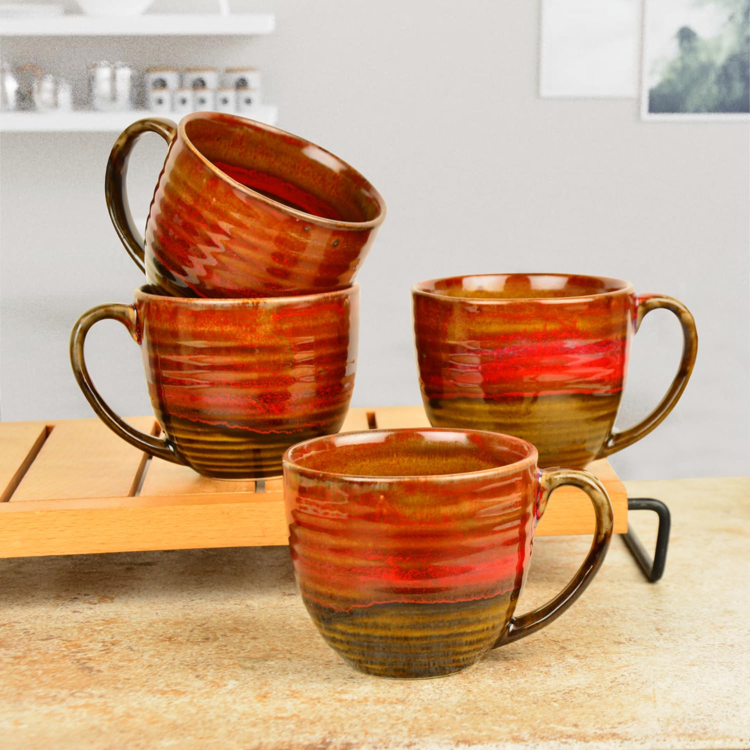 Studio Pottery Ceramic Soup Cups With Handle Set Of 4 - 350ml Each, Ombre Red | Maggi Bowls - Cereal Bowls Studio Pottery Ceramic Soup Cups With Handle Set Of 4 - 350ml Each, Ombre Red | Maggi Bowls - Cereal Bowls
