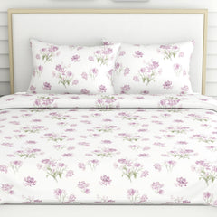 Double Bed Floral Bedsheet For Queen Size With 2 Pillow Covers - 90 X 100 Inches, White & Lilac | Smooth, Soft & Breathable | Ideal For Everyday Use