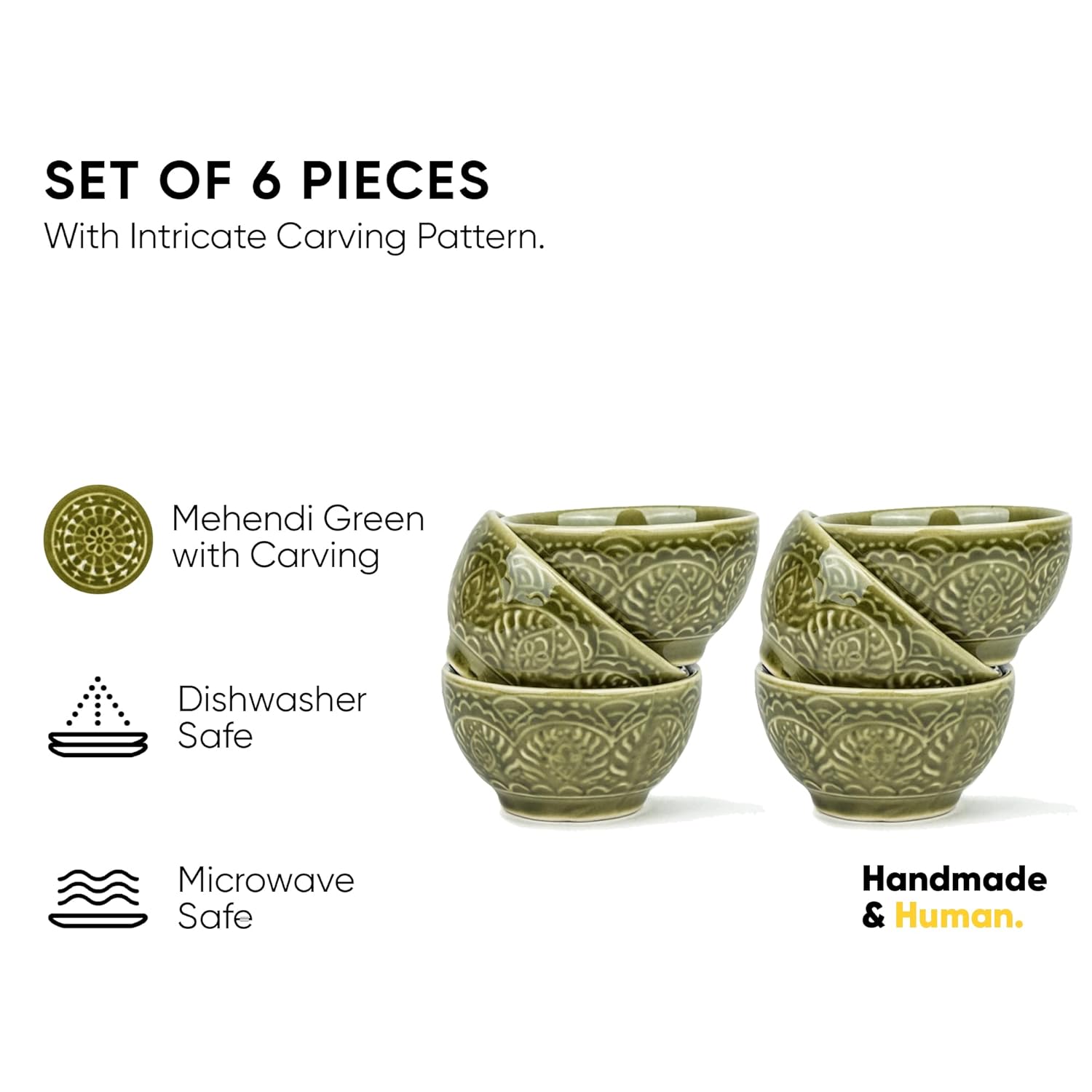 Ceramic Carving Veg Bowls Set Of 6 For Dinner - 160ml Each, Mehndi Green | Katori Set - Ceramic Bowls With Glossy Finish | Dessert Bowl Set - Ice Cream Bowls Ceramic Carving Veg Bowls Set Of 6 For Dinner - 160ml Each, Mehndi Green | Katori Set - Ceramic Bowls With Glossy Finish | Dessert Bowl Set - Ice Cream Bowls