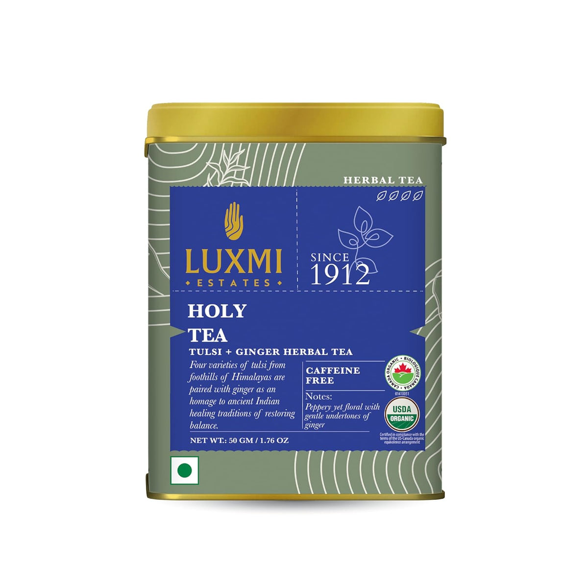 Luxmi Estates Holy Tea Powder - 50gm Tin, 1.7 Ounce | USDA Certified Organic Tulsi + Ginger Herbal Tea - Caffeine Free Herbal Tea | Immune Support, Relief & Uplift Mood