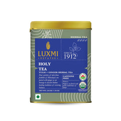 Luxmi Estates Holy Tea Powder - 50gm Tin, 1.7 Ounce | USDA Certified Organic Tulsi + Ginger Herbal Tea - Caffeine Free Herbal Tea | Immune Support, Relief & Uplift Mood