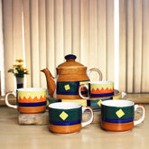 Hand Painted Boho Fiesta Tea Set With Kettle | Ceramic Tea Kettle Set With 4 Cups, 150ml Each + 1 Kettle, 700ml + 1 Tray | 6 Pieces - Microwave Safe & Dishwasher Safe