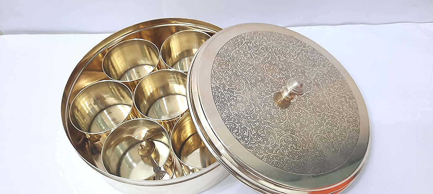 Brass Masala Box Dabba Elegant Gold Spice Container With Embossed Lid 7 Compartments With 1 Spoon | Masala Dani - Spice Container Box - Spice Box Brass Masala Box Dabba Elegant Gold Spice Container With Embossed Lid 7 Compartments With 1 Spoon | Masala Dani - Spice Container Box - Spice Box