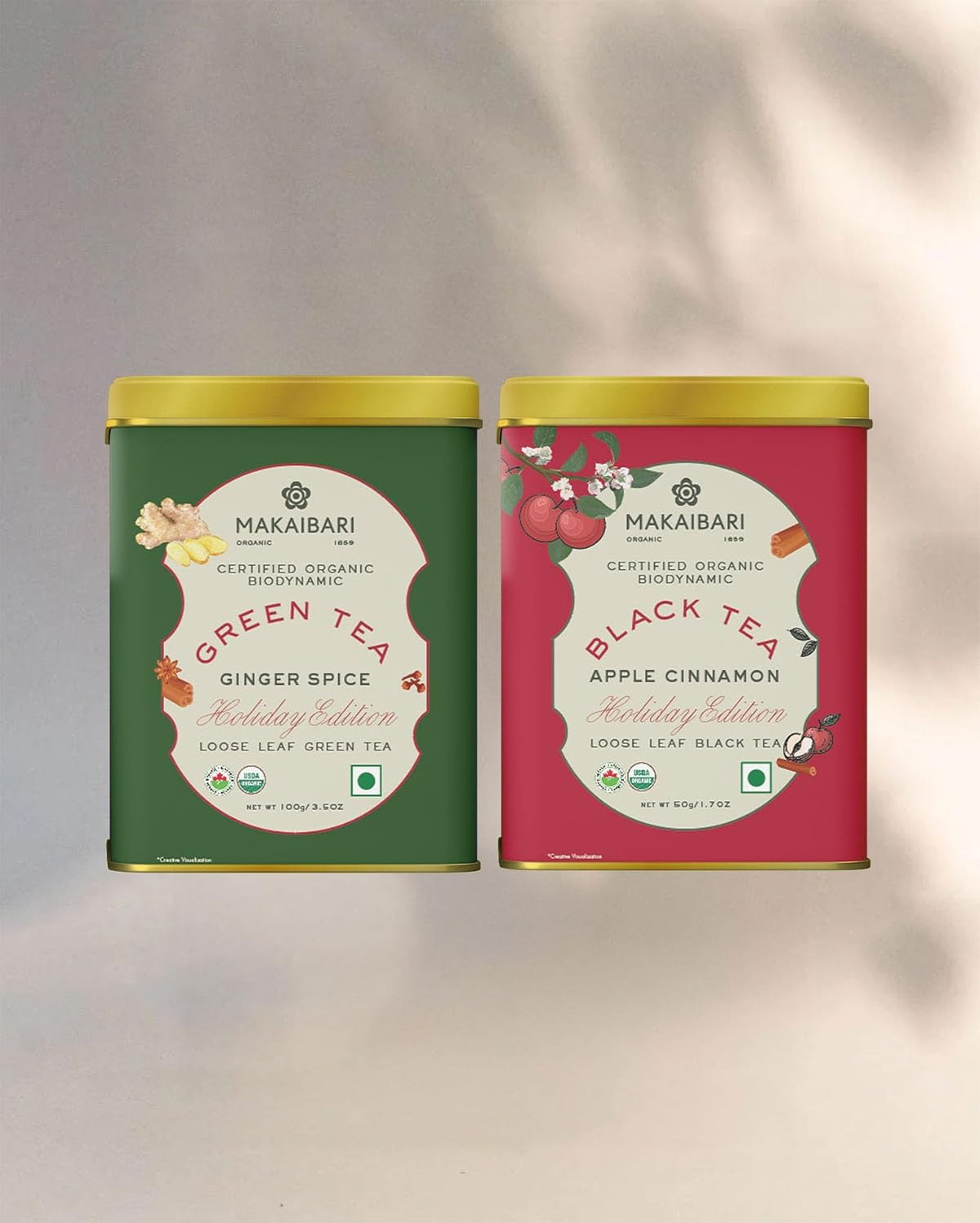 Makaibari Holiday Edition - Ginger Spice Green Tea 100gm, 3.5 Ounce + Apple Cinnamon Black Tea 50gm, 1.7 Ounce | USDA Certified Premium Loose Leaves Tea - Antioxidants, Immunity Booster