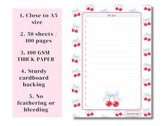 A5 Notes/To Do List Notepad, Beautiful Daily Checklist Pad, Tear-Off Sheets (Cherry-3) Pack Of 1