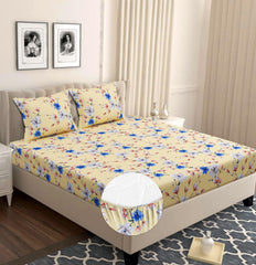 Cotton Elastic Fitted Bedsheets With 2 King Size Pillow Covers | 72 X 78 Inches, Cream & Blue - Double Bed Wrinkle Free With All Around Elastic 220 Thread Count Super Soft