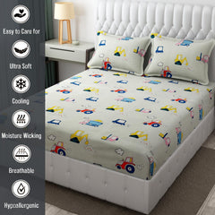 Wrinkle Free Soft Kids Double Bedsheets For King Size With 2 Pillow Cover | 90 X 95 Inches, Cream | Cartoon Printed Design | Child Bedroom Decor