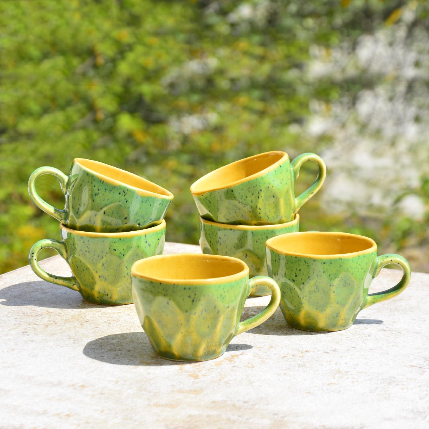 Hand Crafted Ceramic Coffee Mugs Set Of 6 - 200ml Each, Green & Yellow | Chai Cups - Coffee Mug Set - Tea Cup Set Hand Crafted Ceramic Coffee Mugs Set Of 6 - 200ml Each, Green & Yellow | Chai Cups - Coffee Mug Set - Tea Cup Set