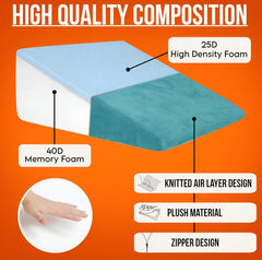 Wedge Pillow Memory Foam For Pain Relief, Aqua Blue - 18 L X 17.5 W X 11 H Inch | Wedge Cushion, For Back Support, Acid Reflux, Snoring, Gerd, Leg Elevation, Pregnancy, Velvet Cover