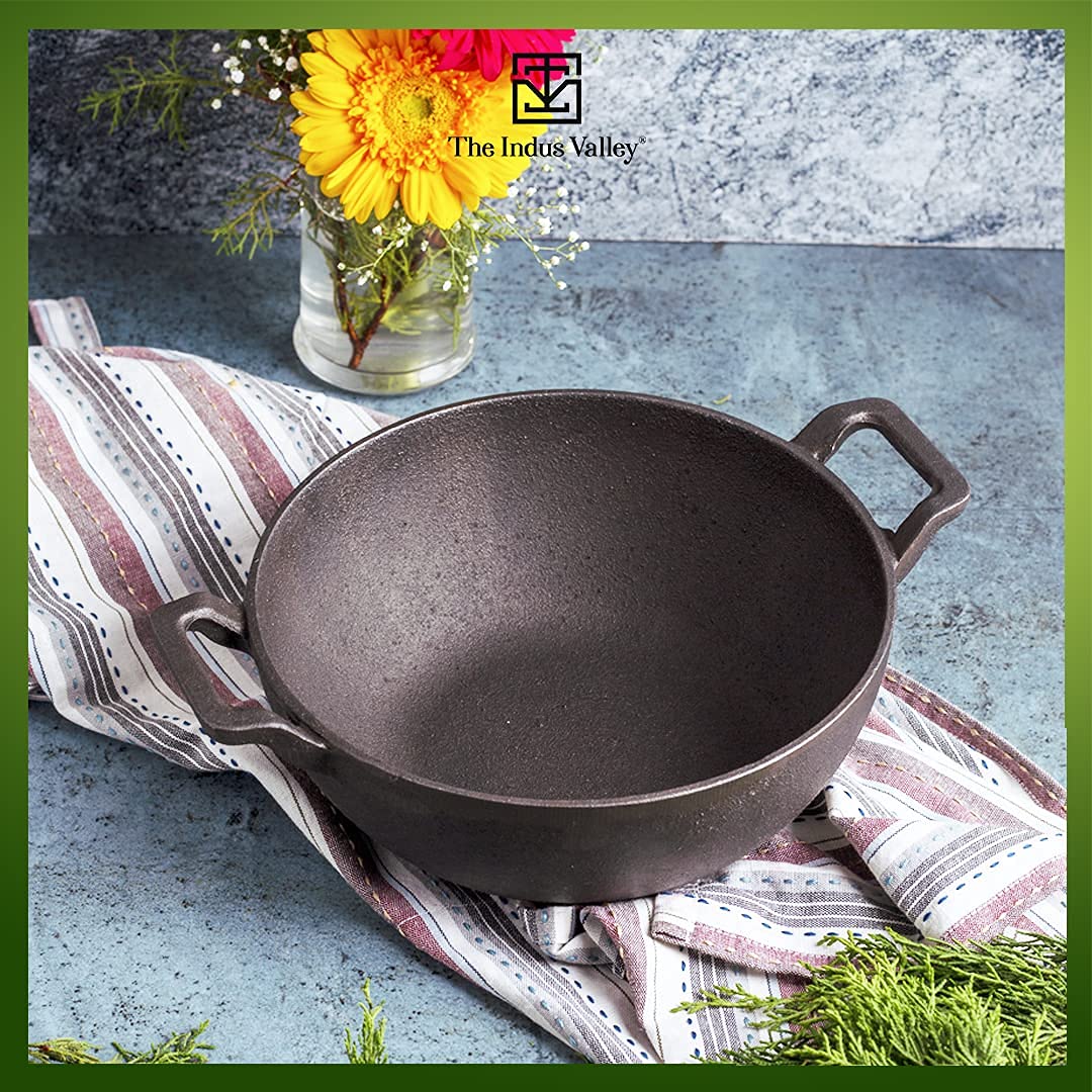 Pre-Seasoned Black Cast Iron Kadai With Curved Handle - Medium, 25cm, 9.8 Inch, 3.2 Liters, 3.3 Kg | Induction Friendly, Naturally Nonstick Kadhai, 100% Pure & Toxin-Free, No Chemical Coating Pre-Seasoned Black Cast Iron Kadai With Curved Handle - Medium, 25cm, 9.8 Inch, 3.2 Liters, 3.3 Kg | Induction Friendly, Naturally Nonstick Kadhai, 100% Pure & Toxin-Free, No Chemical Coating