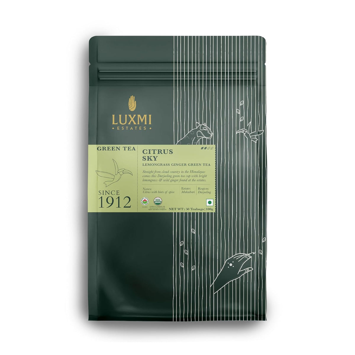 Luxmi Estates Citrus Sky Lemongrass Ginger Green Tea - 100gm, 3.5 Ounce, 50 Tea Bags | USDA Certified Organic Darjeeling Green Tea - Natural Lemon Balm Tea - Calming, Supports Digestion
