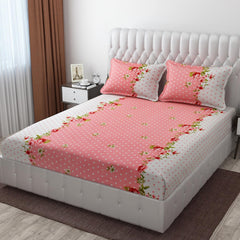 Elastic Fitted Double Bedsheets For King Size With 2 Pillow Covers - 72 X 78 X 10 Inches, White & Peach | Premium Heavy Cotton All Around Elastic Fitted | Ideal For Hotel, Home, Bedroom