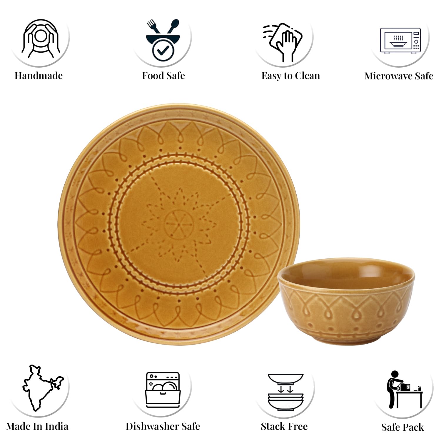 Handcrafted Stoneware Embossed Ceramic Dinner Set Of 4 Pcs - Golden Brown | 2 Dinner Plates + 2 Small Dinner Bowls, 180ml Each - Microwave & Dishwasher Safe Handcrafted Stoneware Embossed Ceramic Dinner Set Of 4 Pcs - Golden Brown | 2 Dinner Plates + 2 Small Dinner Bowls, 180ml Each - Microwave & Dishwasher Safe