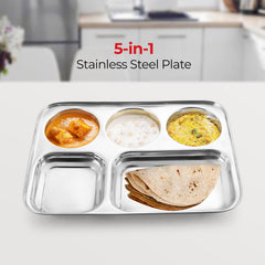Silver Stainless Steel Square Dinner Partition Plate With 3-5 Sections Divided | Mess Trays For Adults Lunch, Pav Bhaji Plate, Camping, Events