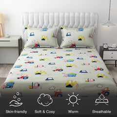 Wrinkle Free Soft Kids Double Bedsheets For King Size With 2 Pillow Cover | 90 X 95 Inches, Cream | Cartoon Printed Design | Child Bedroom Decor