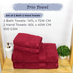 Rangoli 100% Cotton Fibre 2 Bath & 2 Hand Towel 1400 Gsm | Highly Durable & Super Absorbent Towel | Skin-Friendly & Quick Drying Luxury Towels (Maroon) - Pack Of 4