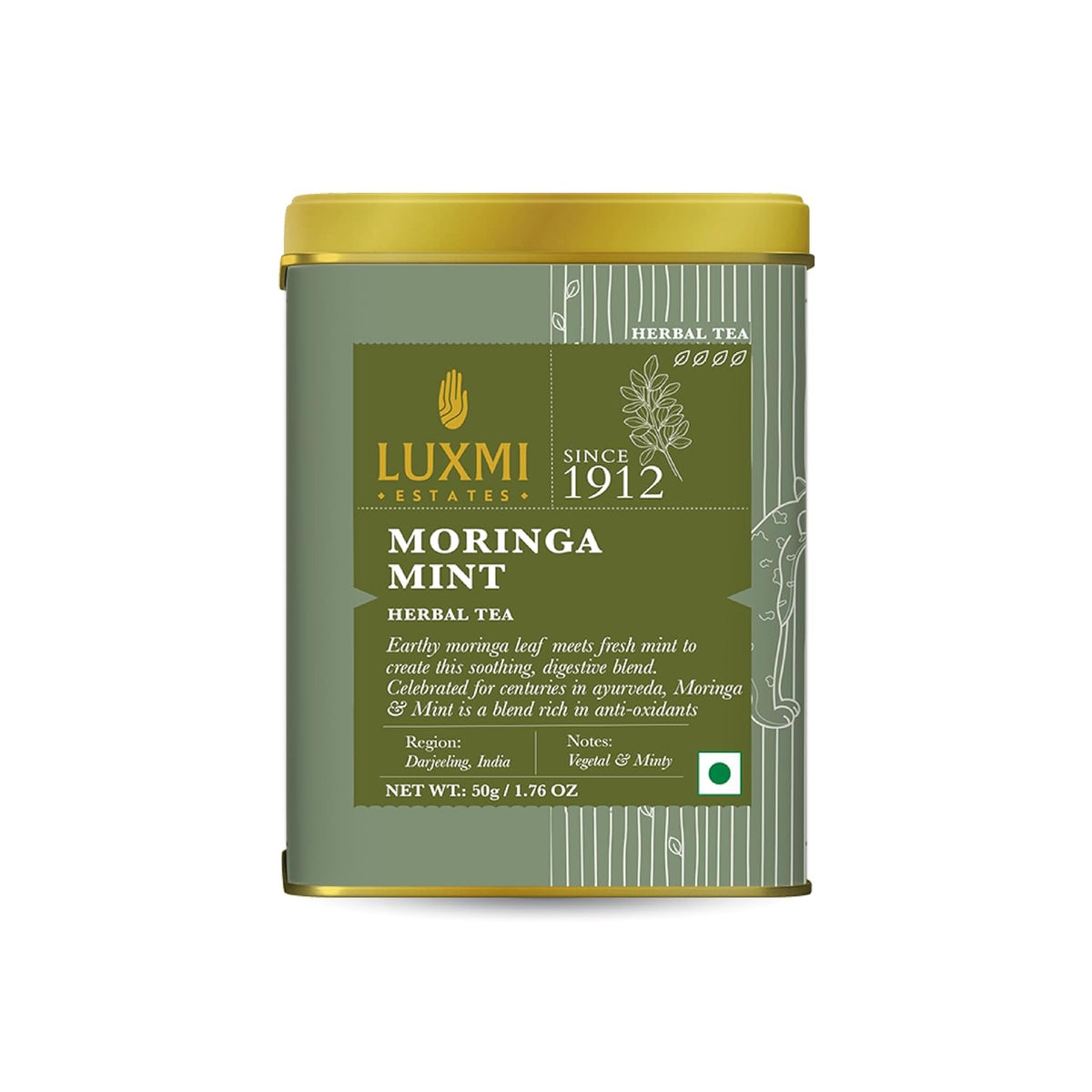 Luxmi Estates Moringa Mint Green Herbal Tea - 50gm, 1.7 Ounce, 25 Cups | USDA Certified Organic Green Tea Powder - Caffeine Free Herbal Tea | Rich In Antioxidants, Additives Free