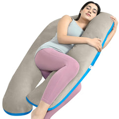 U Shaped Pregnancy Pillow For Pregnant Women & Nursing Mom, Beige & Sky Blue | Full Body Support, Single Pillow For Multipurpose Use During Maternity | Premium Velvet Outer Cover With Zip