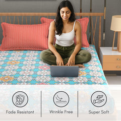 Bedsheet For Queen Size Bed With 2 Pillow Covers - 90 X 100 Inches, Sky Blue & Pink | Soft, Breathable, Wrinkle Free & Fade Resistant