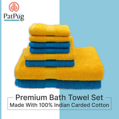 Patpug 100% Indian Cotton Plush Towel Set 2000 Gsm | Highly Absorbent, Fade Resistant, Quick Drying 2 Bath, 2 Hand & 4 Face Towel (Turqoise Blue & Sunrise Yellow) - 8 Piece