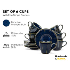 Ceramic Line Cup & Saucer Set Of 6 - Blue Green, 180ml Each | Cup Saucer Set - 6 Cups + 6 Saucers | Glossy Finish Tea Set - Ceramic Tea Cup & Saucer Set