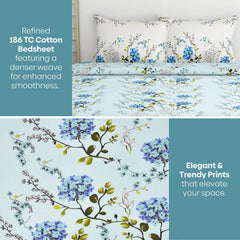 Pure Cotton Queen Size Bedsheet With 2 Matching Pillow Covers - 90 X 100 Inches, Sky Blue & Green | Easy Care & Long-Lasting Fabric